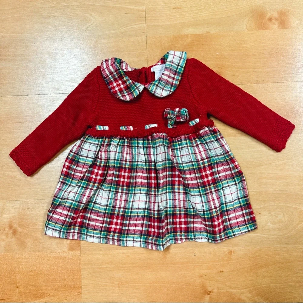 Shabby Chic Red & Green Plaid Detailed Holiday Christmas Sweater Dress 3-6M